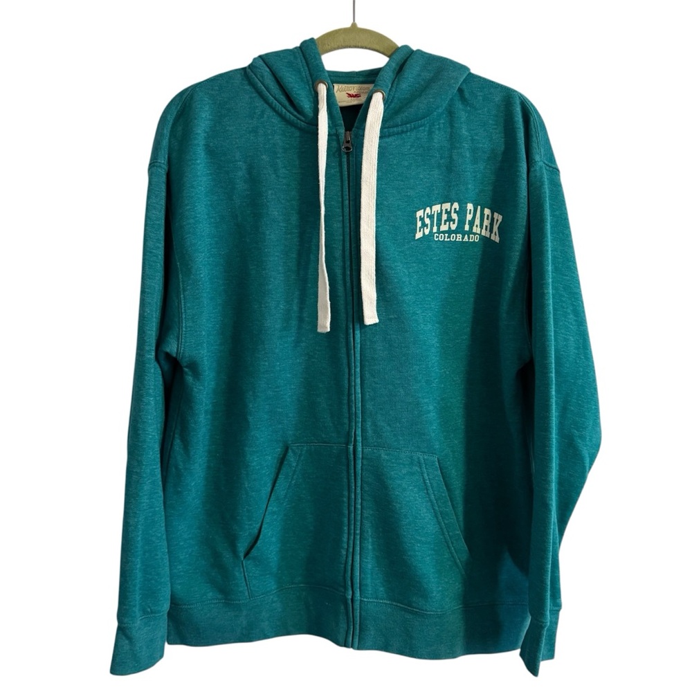 Retro Vision Estes Park Colorado Zip Up Teal Fleece Hoodie Women’s Size Large